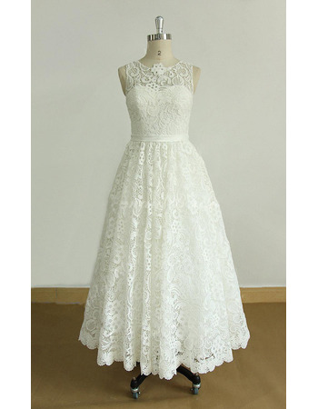 Vintage A-Line Sleeveless Tea-Length Lace Reception Wedding Dresses