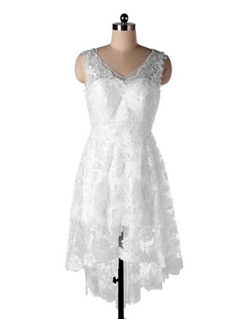 Casual A-Line V-Neck High-Low Short Lace Beach Wedding Dresses