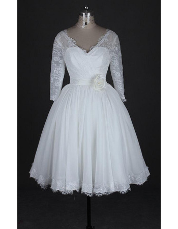 Casual V-Neck Knee Length Wedding Dresses with 3/4 Long Sleeves