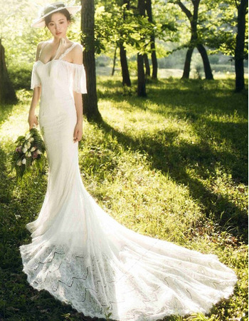 Custom Trumpet Spaghetti Straps Floor Length Lace Wedding Dresses
