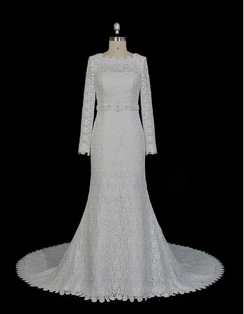 Custom Sheath Floor Length Lace Wedding Dresses with Long Sleeves