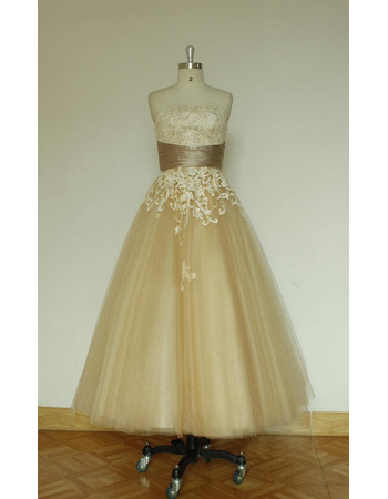 New A-Line Strapless Tea Length Organza Wedding Dress with Belt