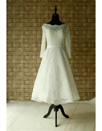 Custom A-Line Knee Length Lace Wedding Dresses with Long Sleeves