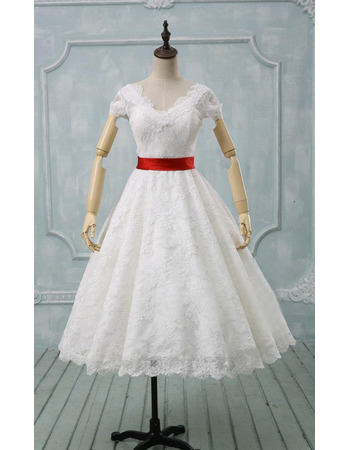 Inexpensive A-Line V-Neck Knee Length Lace Wedding Dress with Belt