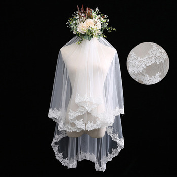 2 Layers Fingertip-Length Tulle with Lace White Wedding Veils