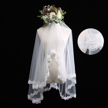 2 Layers Fingertip-Length Tulle with Lace White Wedding Veils