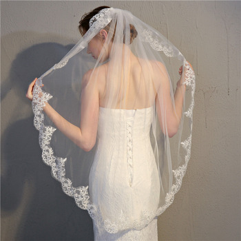 1 Layer Fingertip-Length Organza with Lace White Wedding Veils