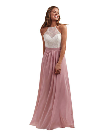 Custom A-Line Halter Floor Length Chiffon Lace Bridesmaid Dresses