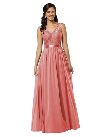 New V-Neck Floor Length Lace Chiffon Bridesmaid Dress with Belt