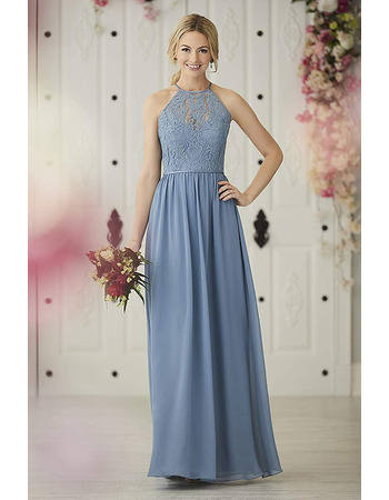 Elegant A-Line Halter Floor Length Lace Chiffon Bridesmaid Dresses