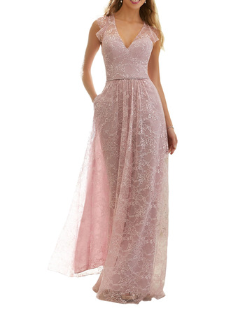 Elegant Lace V-Neck Floor Length Bridesmaid/ Evening/ Prom Dresses