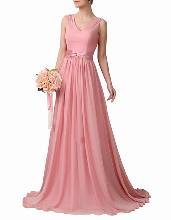 Custom V-Neck Floor Length Chiffon Bridesmaid Dresses with Sashes