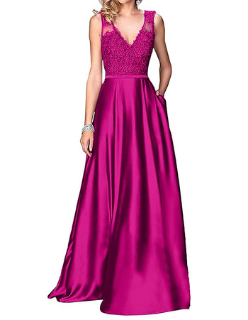 Discount A-Line V-Neck Floor Length Satin Applique Bridesmaid Dresses