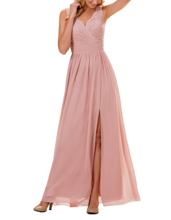 Inexpensive V-Neck Long Chiffon Lace Bridesmaid Dress with Slit
