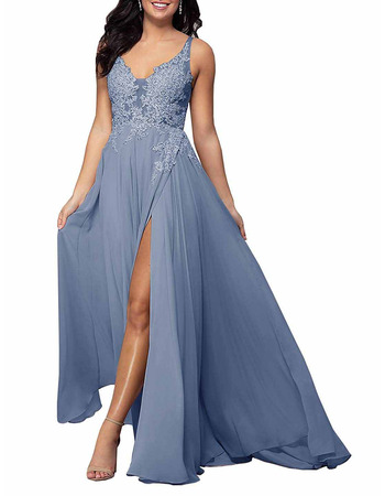 Discount V-Neck Long Chiffon Applique Bridesmaid Dress with Slit