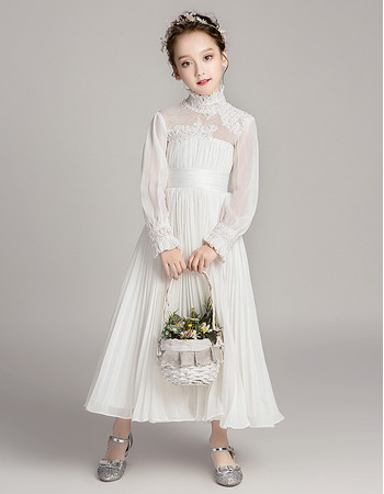 Chiffon Pleated Flower Girl Dresses with Long Sleeves