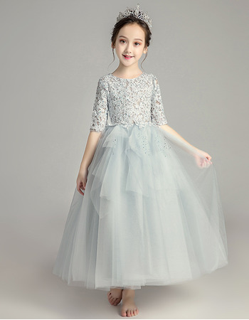 Inexpensive A-Line Lace Little Girls Party Dresses with Half Sleeves