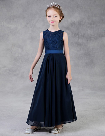 Style A-Line Long Lace Chiffon Little Girls Party Dresses