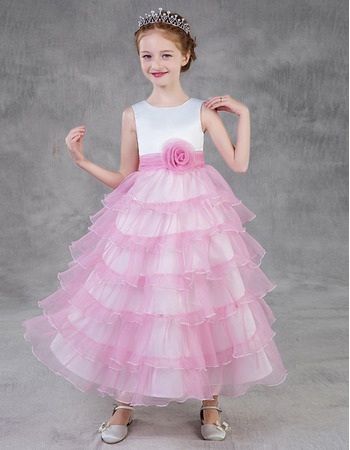 Custom Tea Length Layered Skirt Satin Tulle Little Girls Party Dresses