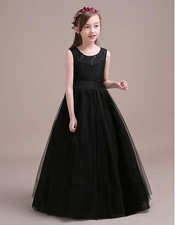 Custom A-Line Floor Length Organza Black Little Girls Party Dresses