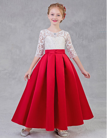 A-Line Long Lace Satin Flower Girl Dresses with Half Sleeves