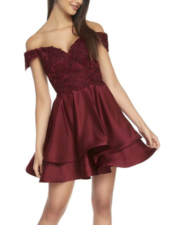 Affordable Off-the-shoulder Short Satin Lacing Homecoming Dresses