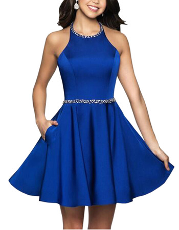 A-Line Halter Short Satin Backless Homecoming Dresses