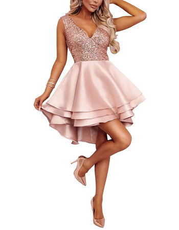 Custom A-Line V-Neck High-Low Short Satin Beading Homecoming Dresses