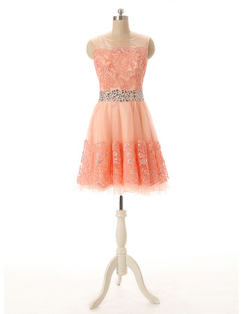 Affordable A-Line Short Tulle Applique Beading Homecoming Dresses