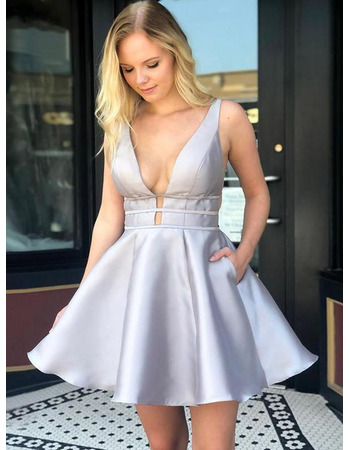 Sexy A-Line Deep V-Neck Short Satin Homecoming/ Prom Dresses with Bandage