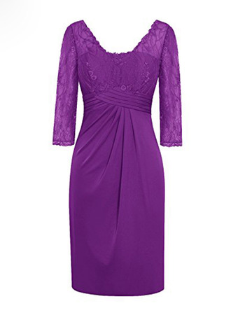 Discount V-Neck Short Satin Lace Mother Dresses with 3/4 Long Sleeves