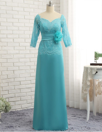Elegant Floor Length Chiffon Tulle Mother Dresses with 3/4 Long Sleeves