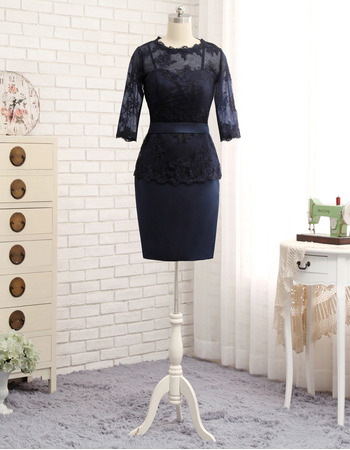 Custom Column Short Satin Lace Mother Dresses with 3/4 Long Sleeves