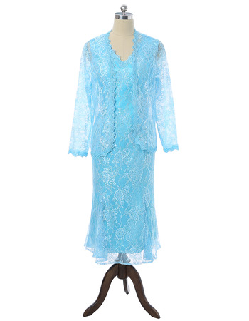 Elegant Sheath V-Neck Tea Length Lace Mother Dresses with Jackets