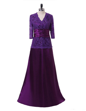 New Floor Length Lace Chiffon Mother Dress with 3/4 Long Sleeves