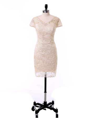 Custom Column V-Neck Short Lace Mother Dresses with Short Sleeves