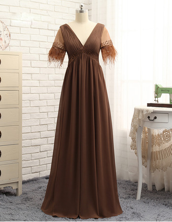 New V-Neck Long Chiffon Mother Dresses with Short Sleeves