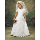 2019 New A-Line Satin Lace First Communion Dresses with Short Sleeves
