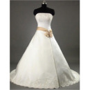 Elegant A-Line Strapless Court train Satin Beading Lace Embroidered with Bow Girdle Wedding Dress