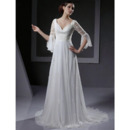 Elegant Empire V-Neck Chapel Train Chiffon Wedding Dresses with 3/4 Length Sleeves