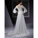 Elegant Empire V-Neck Chapel Train Chiffon Wedding Dresses with 3/4 Length Sleeves