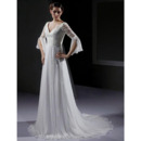 Elegant Empire V-Neck Chapel Train Chiffon Wedding Dresses with 3/4 Length Sleeves