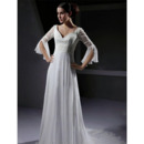 Elegant Empire V-Neck Chapel Train Chiffon Wedding Dresses with 3/4 Length Sleeves