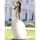 Romantic & Elegant A-line Strapless Court Train Flower Chiffon Satin Summer Garden Wedding Dress