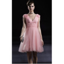 Pink Floral Short Cocktail Dresses/ A-Line V-Neck Organza Party Dresses