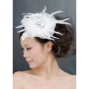 Chic White Tulle Fascinators with Feather and Beads for Brides