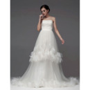 Custom A-Line Strapless Chapel Train Satin Organza Wedding Dresses