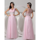 Elegant A-Line V-Neck Floor Length Organza Evening/ Prom Dresses