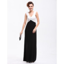 Affordable Black and White V-Neck Sheath Satin Long Evening/ Prom Dresses