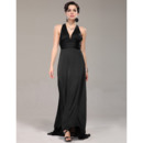 Affordable V-Neck Black Chiffon Sheath Long Evening/ Prom Dresses